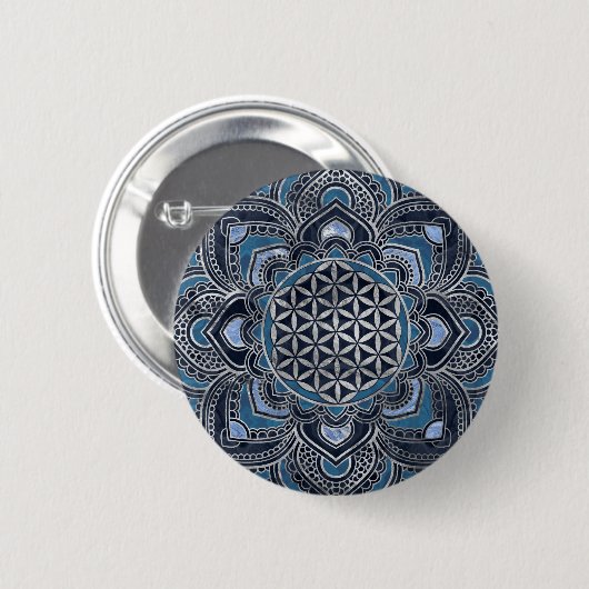 Flower of Life in Lotus - Blue Crystal and Silver Button (Vorne & Hinten)