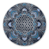 Flower of Life in Lotus - Blue Crystal and Silver Keramikknauf (Vorderseite)