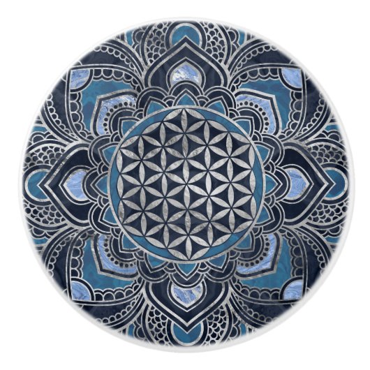 Flower of Life in Lotus - Blue Crystal and Silver Keramikknauf (Vorderseite)