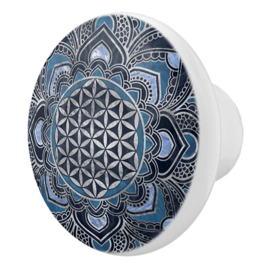 Flower of Life in Lotus - Blue Crystal and Silver Keramikknauf (Rechts)