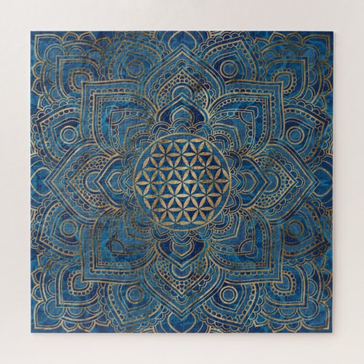 Flower of Life in Lotus - Blue Marble and Gold Puzzle (Horizontal)