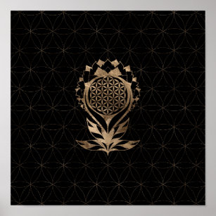Flower of Life Lotus - Black and Gold Poster