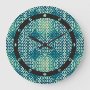 Flower of Life - stamp pattern - cyan blue Große Wanduhr