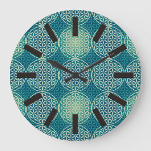 Flower of Life - stamp pattern - cyan blue Große Wanduhr