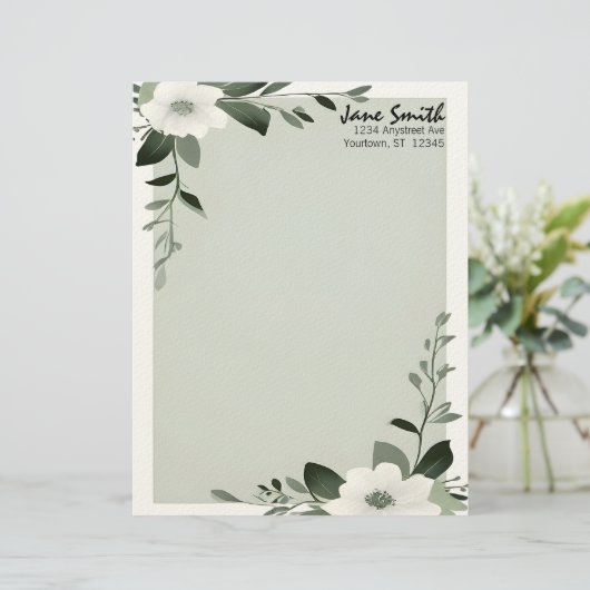 Flower Overlay Sage Green Personalized Stationery Briefbogen (Stehend Vorderseite)