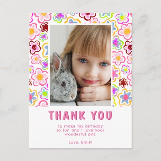 Flower Pattern Kids Girl Photo Birthday Thank you Postkarte (Vorderseite)