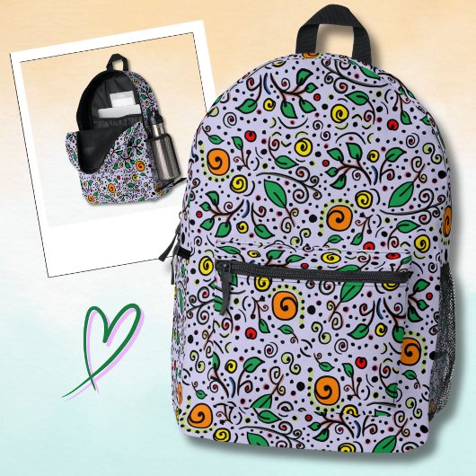 Flower Pattern orange Swirl Berry on Lilac - Bedruckter Rucksack