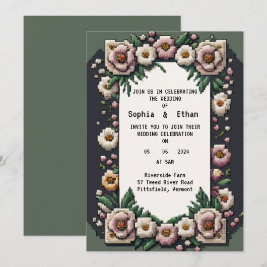 Flower Pixel Art Wedding Einladung (Vorne/Hinten)
