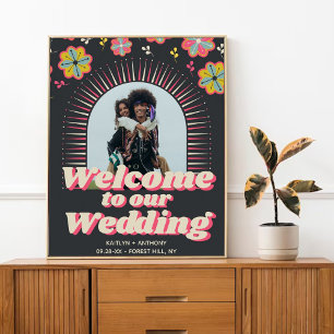 Flower Power 70er Retro Groovy Hochzeitsbegrüßung Poster