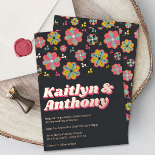 Flower Power 70er Retro Groovy Hochzeitsprobe Folieneinladung