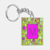 Flower Power Bright Green and Pink Monogrammed Schlüsselanhänger (Vorderseite links)