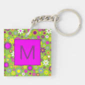 Flower Power in Hellgrün und Rosa mit Monogramm Schlüsselanhänger (Rückseite)