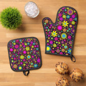Flower Power Ofenhandschuh & Topflappen-Set (Oben Unten)