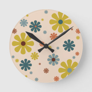 Flower Power Retro 60s Pattern Mustard Blue Orange Runde Wanduhr