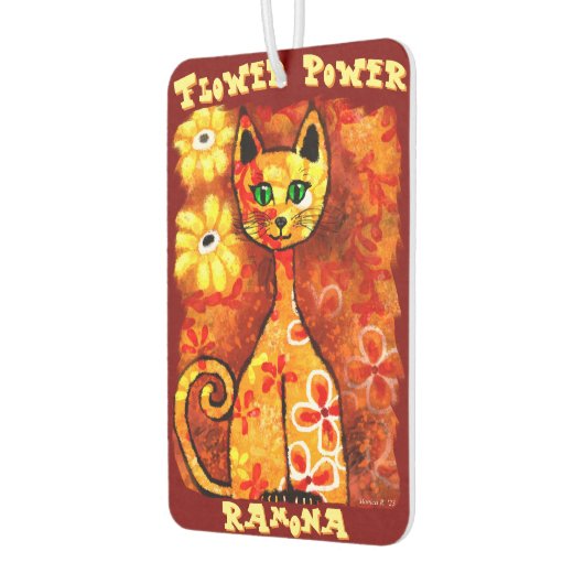 Flower Power Retro Whimsical Cat Personalized Autolufterfrischer (Links)