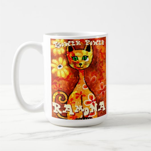 Flower Power Retro Whimsical Cat Personalized Kaffeetasse (Links)