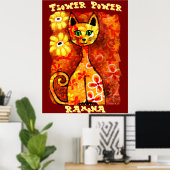 Flower Power Retro Whimsical Cat Personalized Poster (Heimbüro)