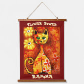 Flower Power Retro Whimsical Cat Personalized Wandteppich Mit Holzrahmen (Vorderseite)
