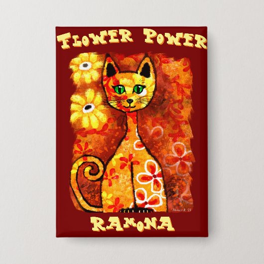 Flower Power Retro Whimsical Katze Personalisiert Button (Vorderseite)