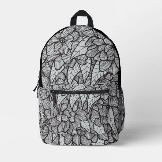 Flower Print Backpack With White Gray Black Art Bedruckter Rucksack (Vorderseite)