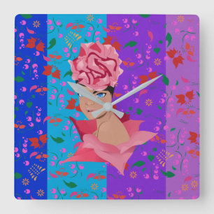 Flower Renewal Bright Floral Girl Quadratische Wanduhr