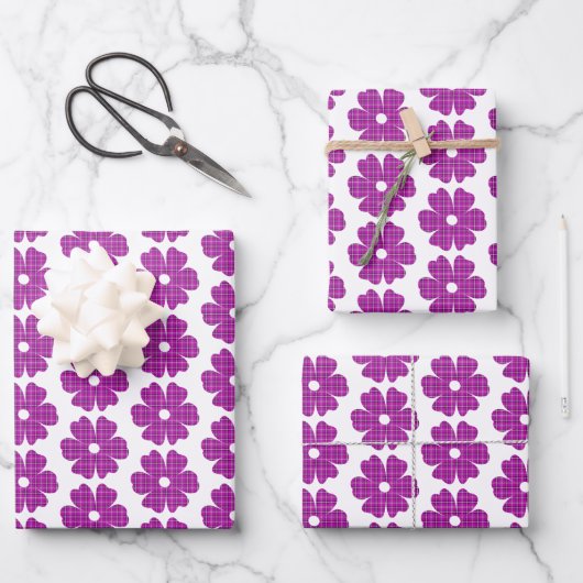 Flower Shape Plaid Pink Purple Geschenkpapier Set (Vorderseite)