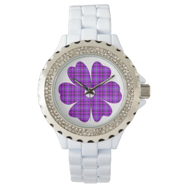 Flower Shape Plaid Purple Pink Armbanduhr (Vorderseite)
