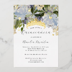 Flower Shine Schmetterlinge Dusty Blue Quinceanera Folieneinladung