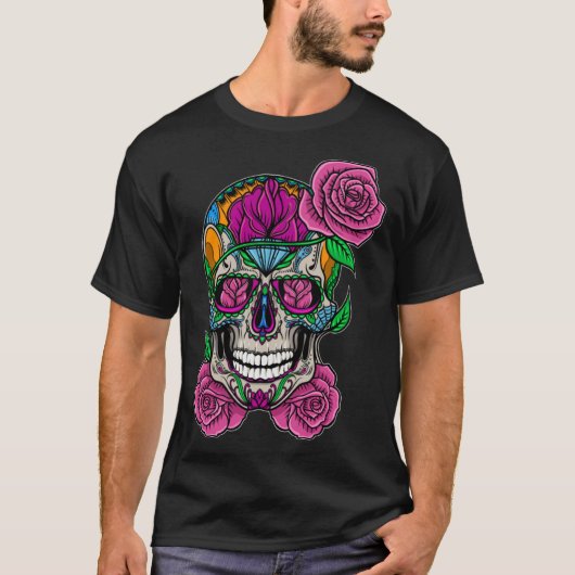 Flower Skull Sugar Roses Floral Skeleton Cute Punk T-Shirt (Vorderseite)