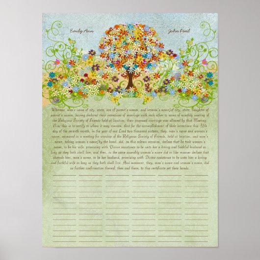 Flower Tree Print Quaker Wedding Certificate Poster (Vorne)