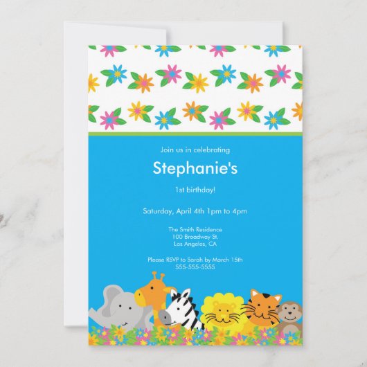 Flowered Jungle Animals Birthday Party Einladung (Vorderseite)