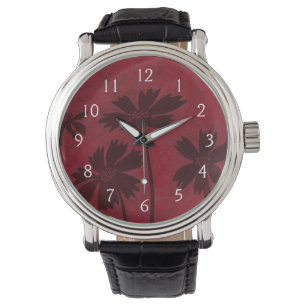 Flowerhead Silhouetten auf hochrotem Hintergrund Armbanduhr