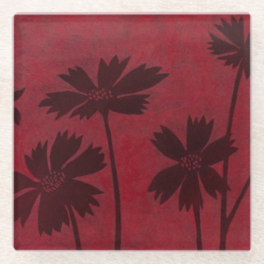 Flowerhead Silhouetten auf hochrotem Hintergrund Glasuntersetzer (Vorderseite)