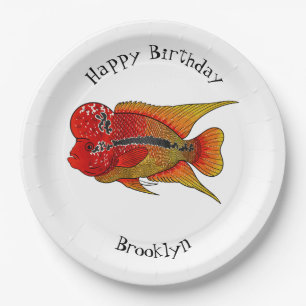 Flowerhorn cichlid fish cartoon illustration pappteller