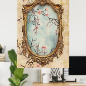 flowering Japanese peach branches and antique text Poster (Heimbüro)