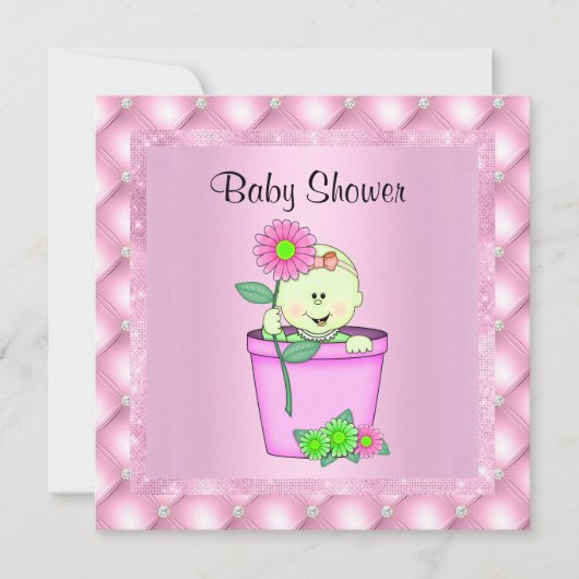 FLOWERPOT PINK BABY SHOWER INVITATION Diamant neu Einladung (Vorderseite)