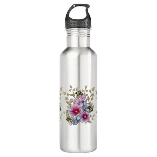 Flowers and Bees, Freehand Botanical Art Edelstahlflasche (Vorderseite)