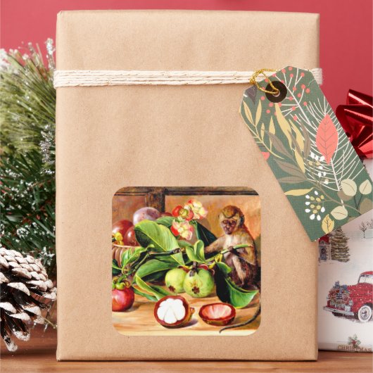 Flowers and fruit of Mangosteen; Singapore Monkey Quadratischer Aufkleber (Feiertag)