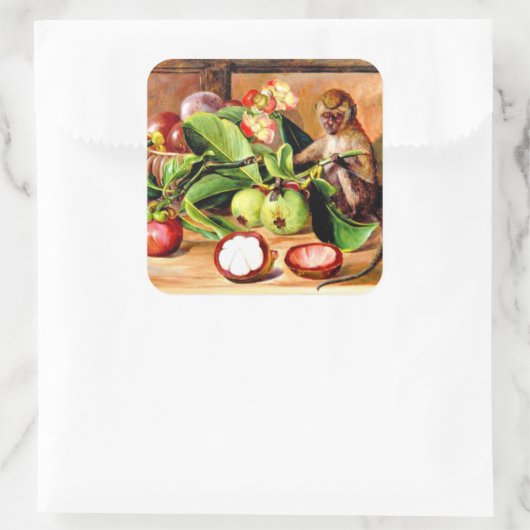 Flowers and fruit of Mangosteen; Singapore Monkey Quadratischer Aufkleber (Tasche)
