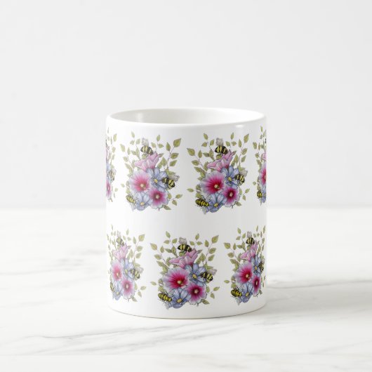 FLOWERS & BEES Digital Drawing, Pink Hollyhocks Kaffeetasse (Mittel)