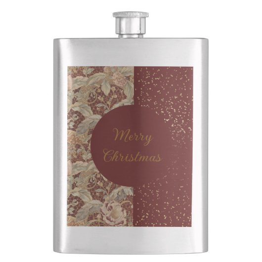 Flowers,Burgundi Red Gold Glitter, Merry Christmas Flachmann (Vorderseite)