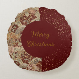 Flowers,Burgundi Red Gold Glitter, Merry Christmas Rundes Kissen