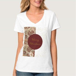 Flowers,Burgundi Red Gold Glitter, Merry Christmas T-Shirt