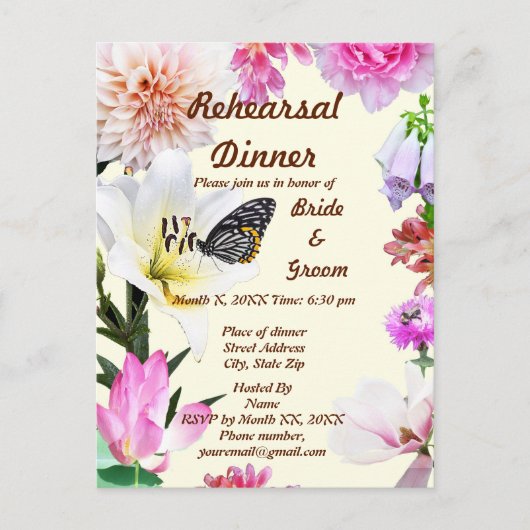 Flowers & Butterfly Rehearsal Dinner Postcard Postkarte (Vorderseite)