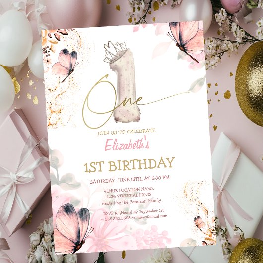 Flowers Butterfly Striped Chic 1s Birthday Einladung