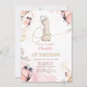 Flowers Butterfly Striped Chic 1s Birthday Einladung (Vorderseite)