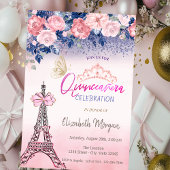Flowers,Eiffel Tower Bow Butterfly Quinceanera Einladung