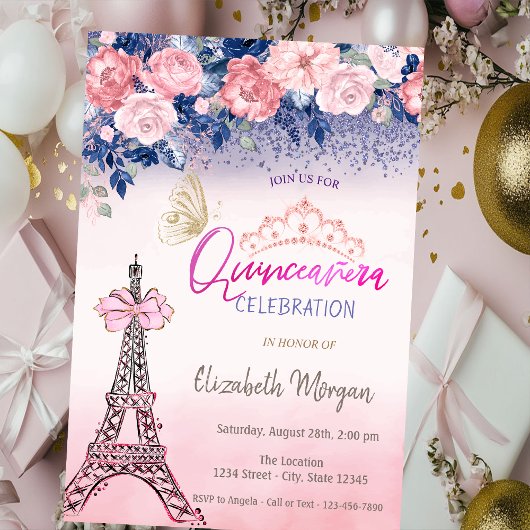 Flowers,Eiffel Tower Bow Butterfly Quinceanera  Einladung