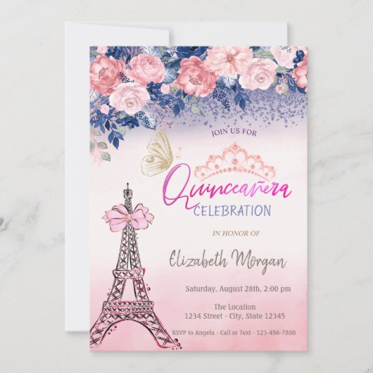Flowers,Eiffel Tower Bow Butterfly Quinceanera Einladung (Vorderseite)
