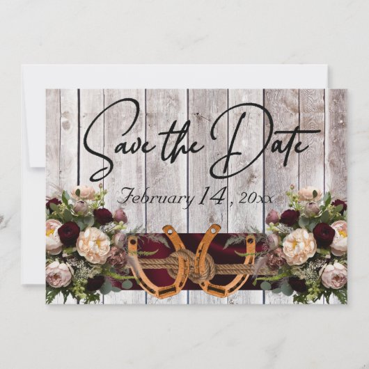 Flowers & Horseshoes, Burgundy Ribbon Wedding Save The Date (Vorderseite)